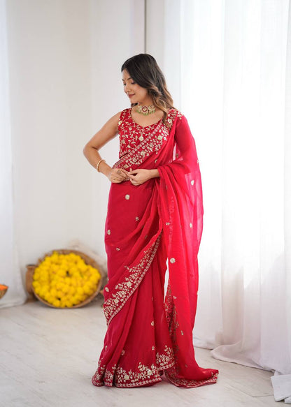 Crimson Red Silk Sequin Embroidered Saree