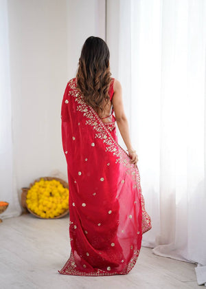 Crimson Red Silk Sequin Embroidered Saree