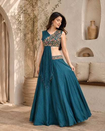 Teal Floral Embroidered Lehenga