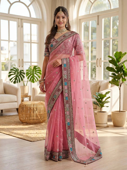 Rose Organza Silk Saree with Embroidery Border