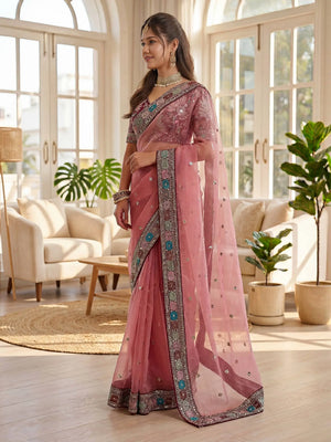 Rose Organza Silk Saree with Embroidery Border