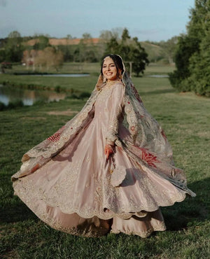 Blush Pink Chinon Embroidered Gown Set with Palazzo & Organza Dupatta