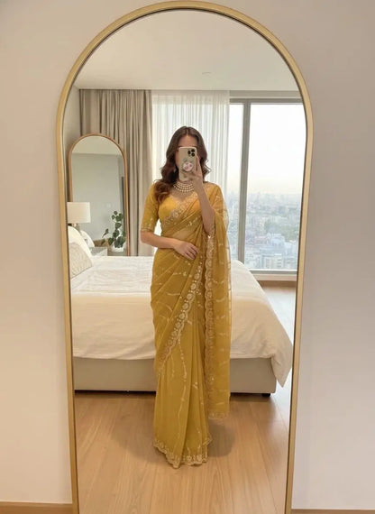 Moss Silk Leheriya Sequin Saree with Blouse