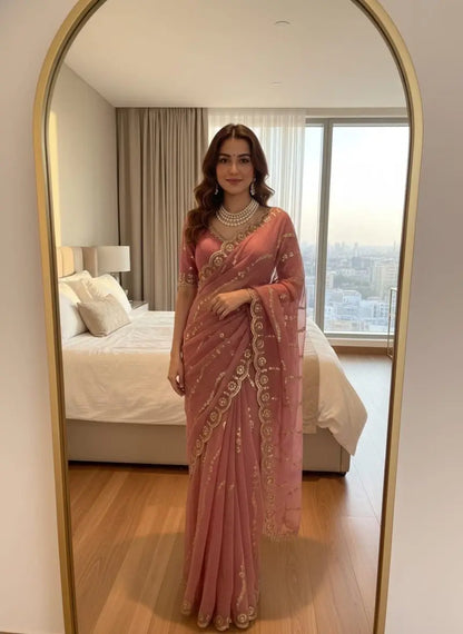 Moss Silk Leheriya Sequin Saree with Blouse