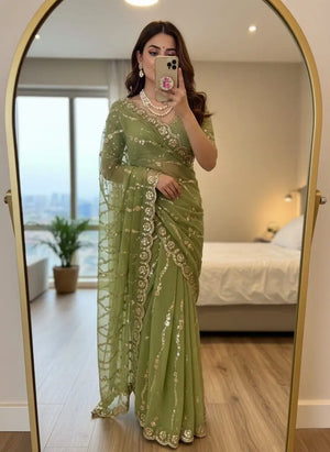 Moss Silk Leheriya Sequin Saree with Blouse
