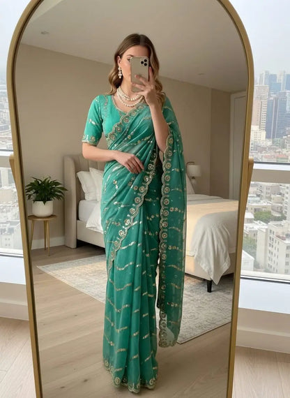 Moss Silk Leheriya Sequin Saree with Blouse