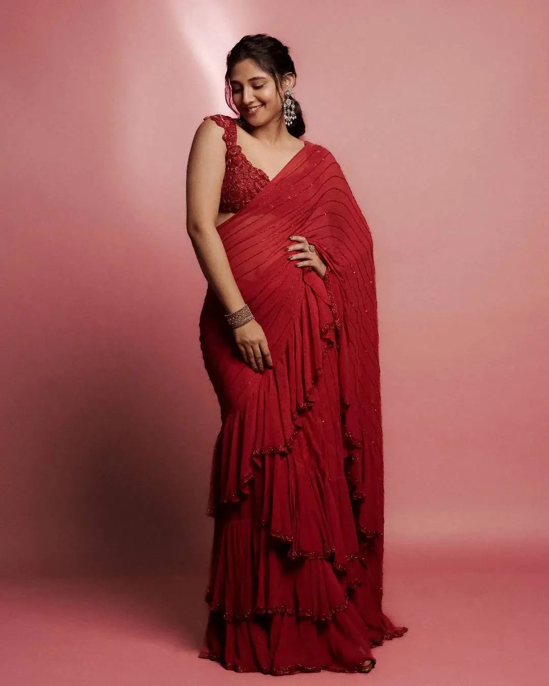 Designer Ruffle Faux Georgette Saree for Party and Wedding Wear