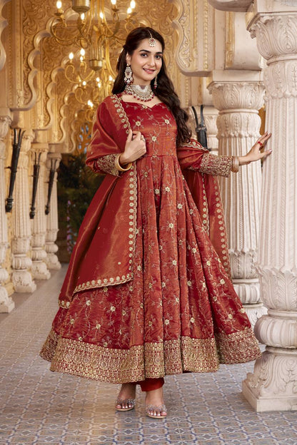 Rust Sequin Embroidered Anarkali