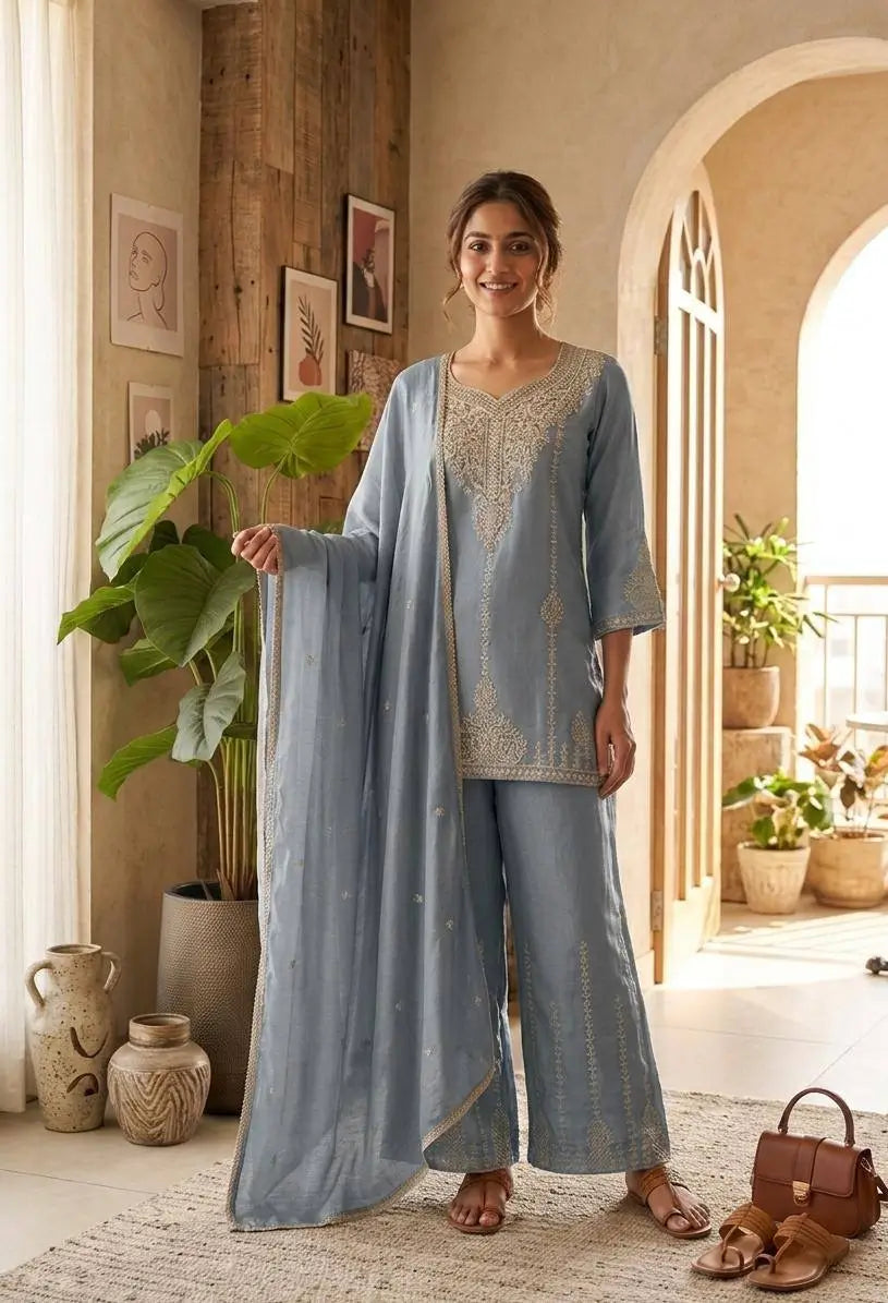 Zazu Silk Kurta Palazzo With Zari Embroidery