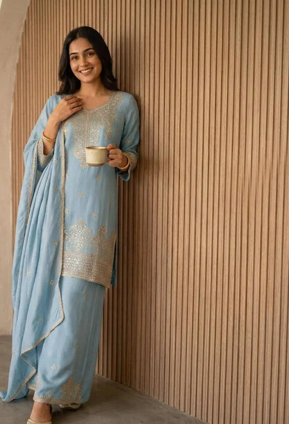 Zazu Silk Kurta Palazzo With Zari Embroidery