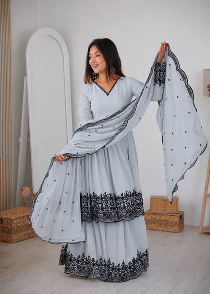 Thread Work Natural Crepe Kurta Pant Set with Dupatta