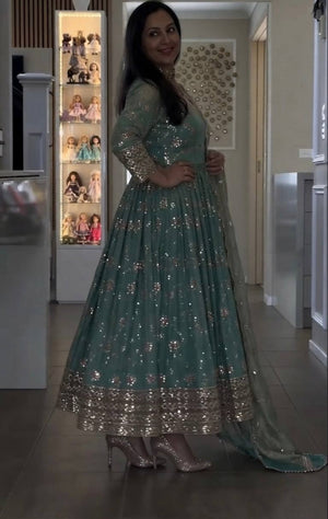 Teal Sequin Embroidered Gown
