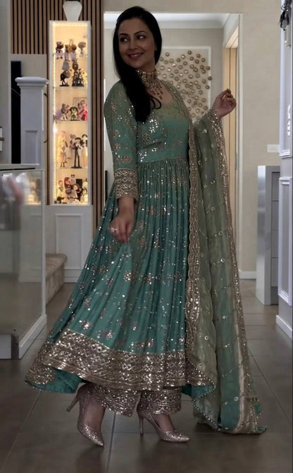 Teal Sequin Embroidered Gown