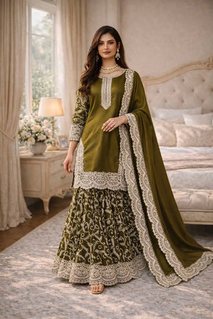 Heavy Fandy Silk Embroidered Top Sharara Palazzo Set with Dupatta