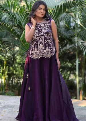 Purple Vichitra Silk Festival Lehenga Choli Set with Embroidered Shrug