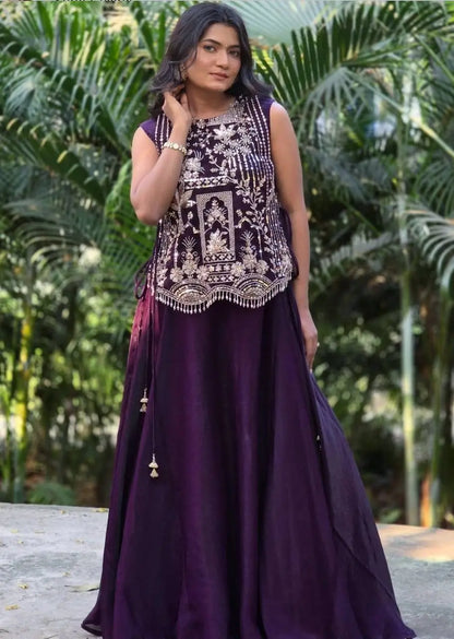 Purple Vichitra Silk Festival Lehenga Choli Set with Embroidered Shrug