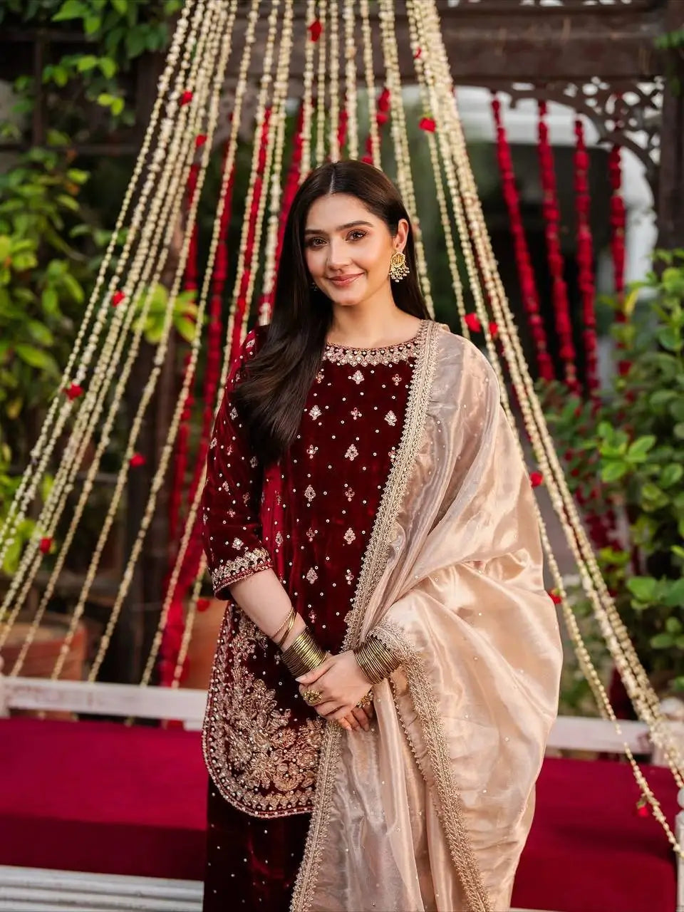 Embroidered Velvet Palazzo Suit Set