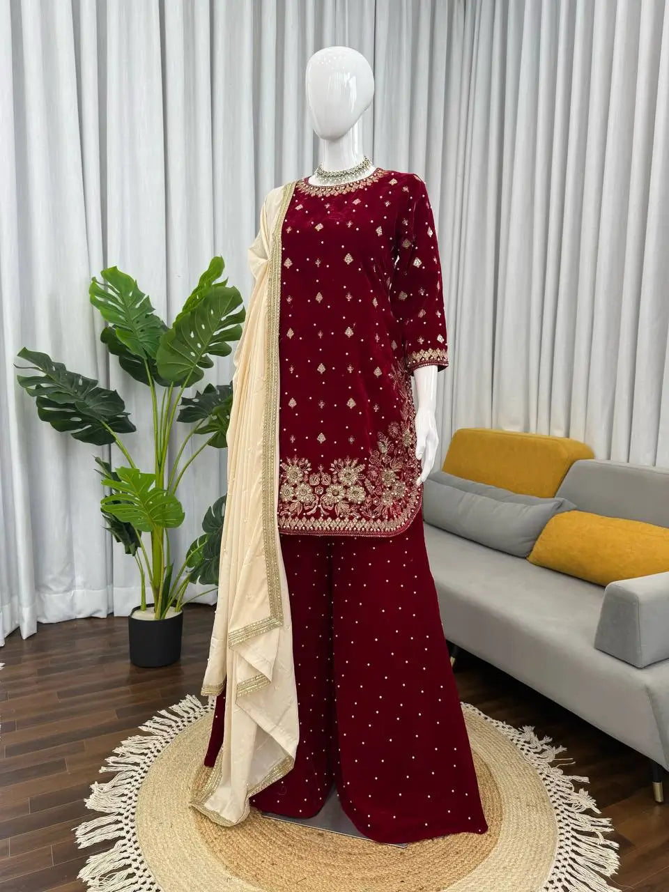 Embroidered Velvet Palazzo Suit Set