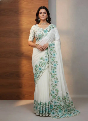 Crystal Organza Floral Embroidered Saree for Wedding and Festive Wear