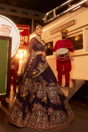 Navy Lotus Embroidered Lehenga