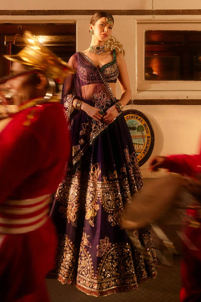 Navy Lotus Embroidered Lehenga