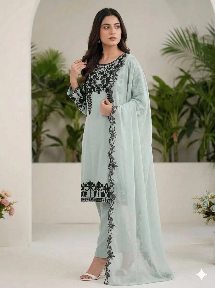 Fox Georgette Kurta Set With Floral Embroidery