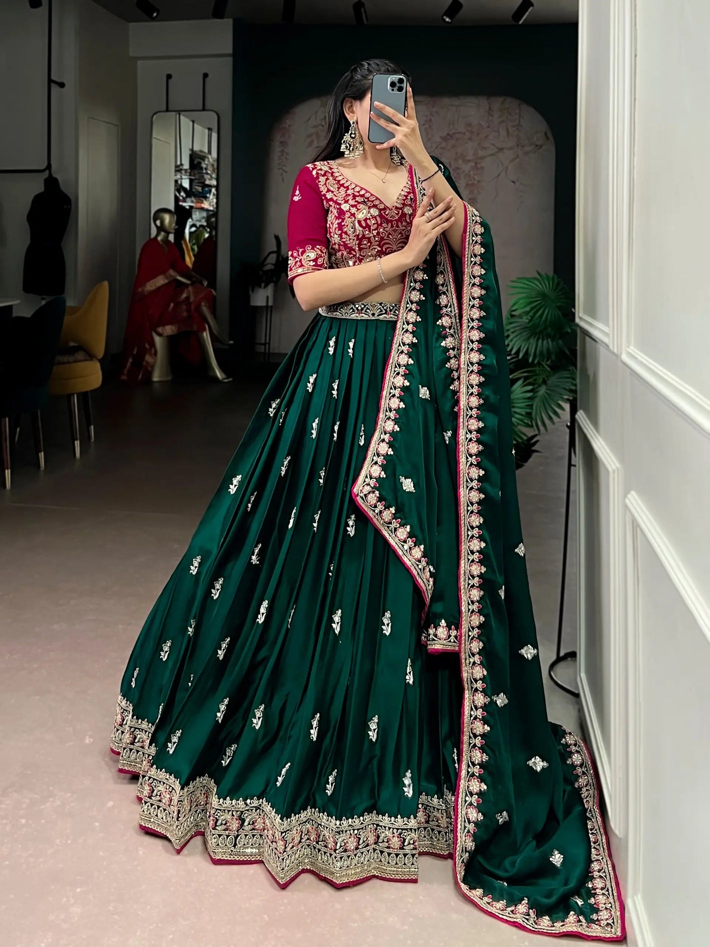 Emerald Silk Satin Embroidered Lehenga Choli Set for Wedding and Reception Wear