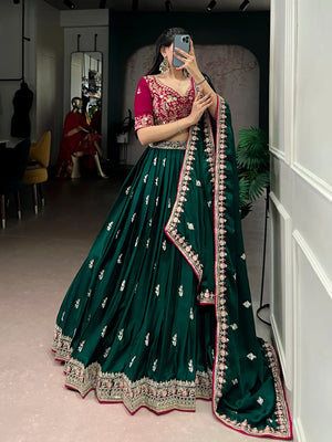 Emerald Silk Satin Embroidered Lehenga Choli Set for Wedding and Reception Wear