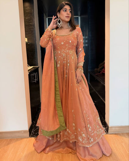Rust Zari Embroidered Lehenga