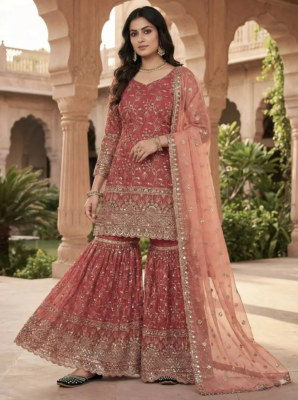 Crushed Silk Sharara Set With Sequin Embroidery