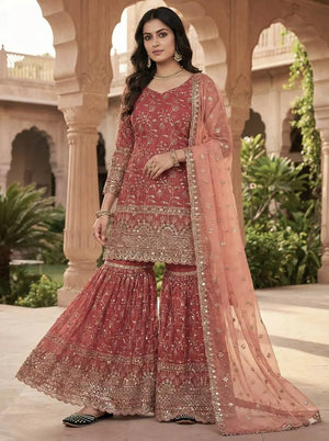 Crushed Silk Sharara Set With Sequin Embroidery