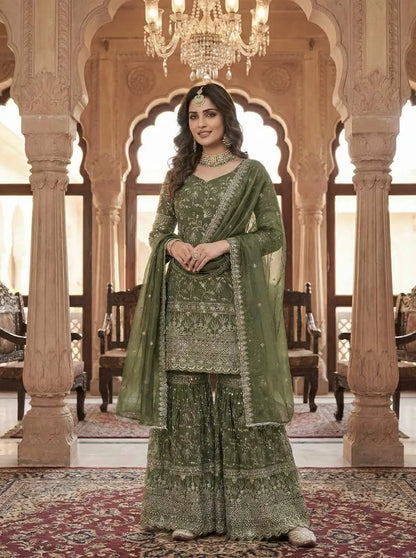 Crushed Silk Sharara Set With Sequin Embroidery