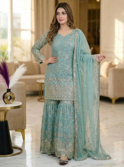 Crushed Silk Sharara Set With Sequin Embroidery