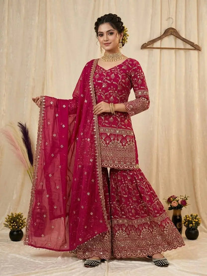 Crushed Silk Sharara Set With Sequin Embroidery
