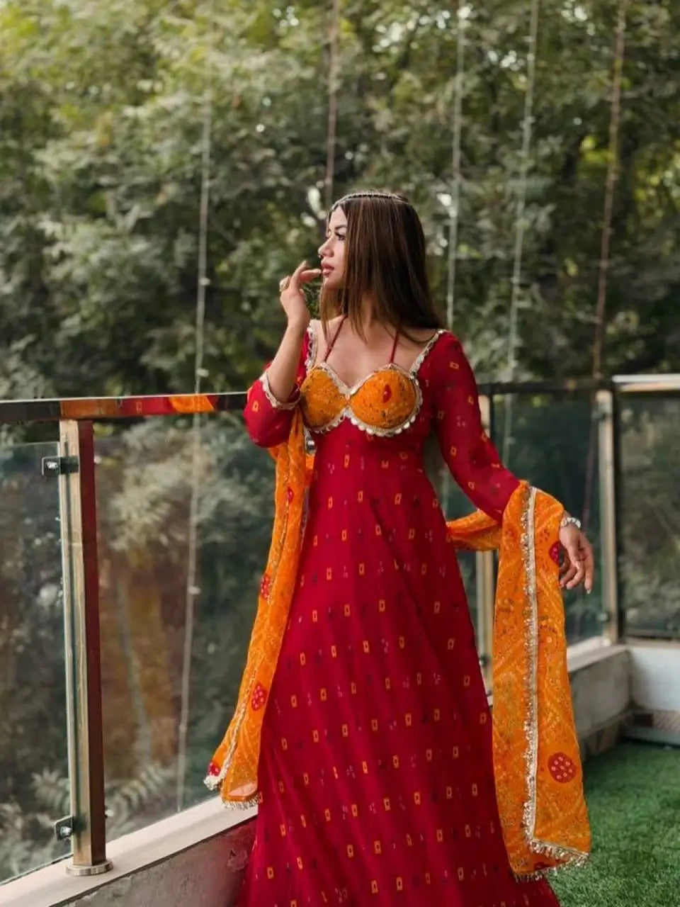 Red Foux Georgette Printed Suit Set for Festive and Party Wear
