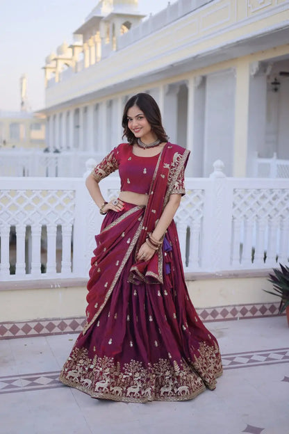 Maroon Fendi Silk Embroidered Lehenga Choli Set for Wedding and Festive Wear