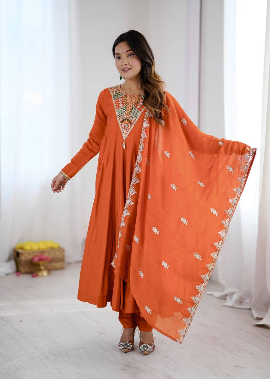 Rust Mirror Embroidered Anarkali