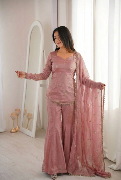 Embroidered Fendi Silk Sharara Set with Dupatta