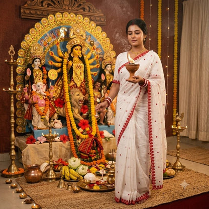 White Red Crinkle Silk Saree for Durga Puja