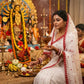 White Red Crinkle Silk Saree for Durga Puja