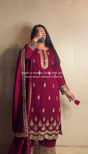Maroon Crepe Silk Embroidered Suit Set for Festive and Wedding Wear