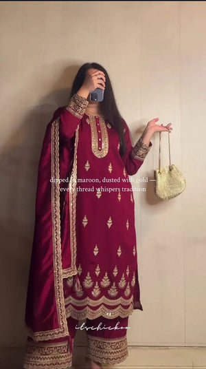 Maroon Crepe Silk Embroidered Suit Set for Festive and Wedding Wear