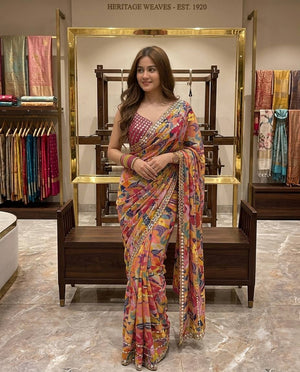 Rust Floral Mirror Saree