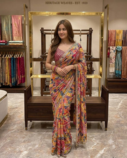 Rust Floral Mirror Saree