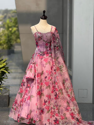 Mauve Floral Organza Corset Lehenga