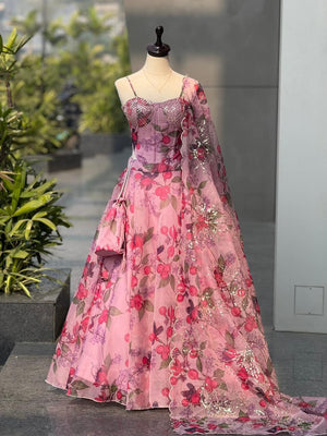 Mauve Floral Organza Corset Lehenga