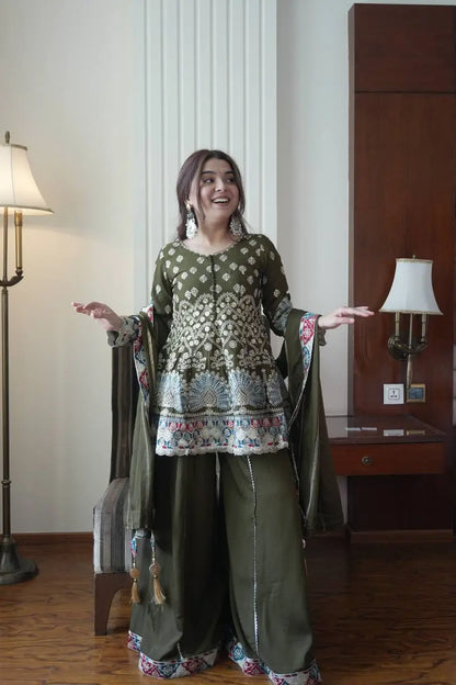 Olive Chinon Embroidered Palazzo Suit Set for Festive and Party Wear