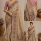 Beige Elephant Print Handwork Linen Saree