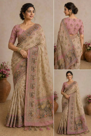 Beige Elephant Print Handwork Linen Saree