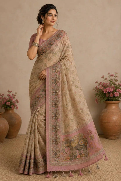 Beige Elephant Print Handwork Linen Saree
